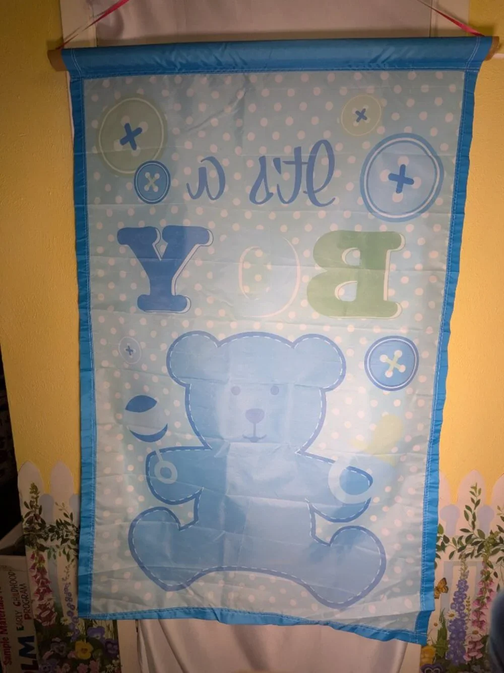 VTG It's A Boy Garden Flag Large Banner Blue Teddy Bear Polka Dot Baby Shower